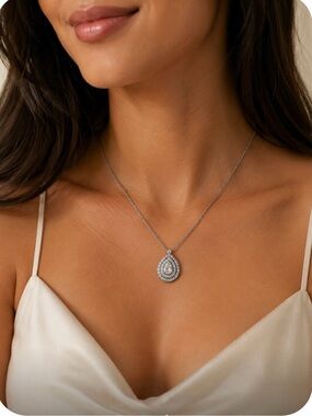 Italian Sterling 925 Silver Pear Drop Double Halo Pendant Necklace